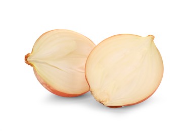 Halves of fresh onion on white background