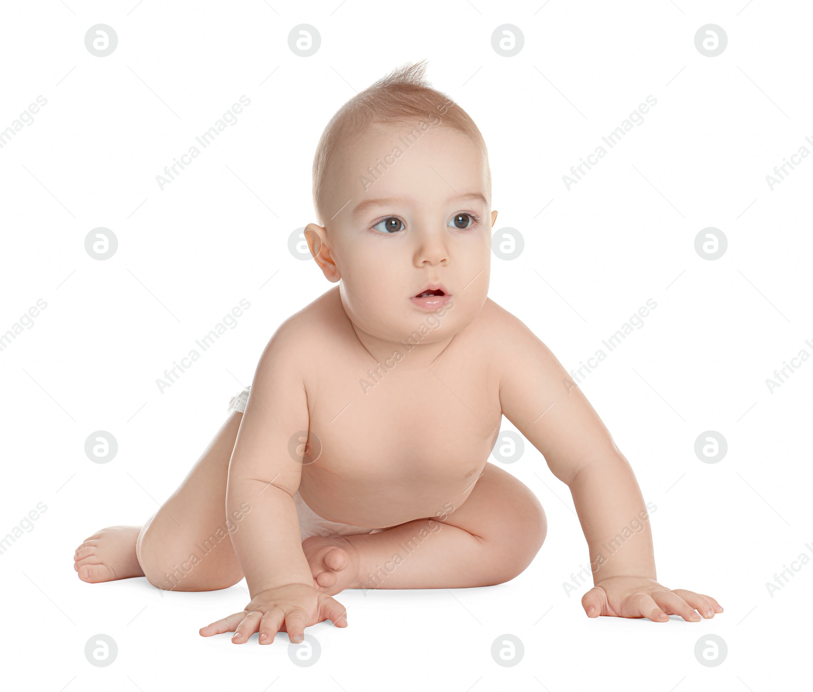 Photo of Cute healthy little baby on white background