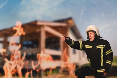 Image of Firefighter in uniform with helmet hurrying to rescue