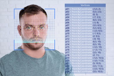 Facial recognition system. Man with scanner frame and digital biometric grid near white brick wall