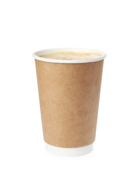 Photo of Hot coffee in takeaway paper cup isolated on white