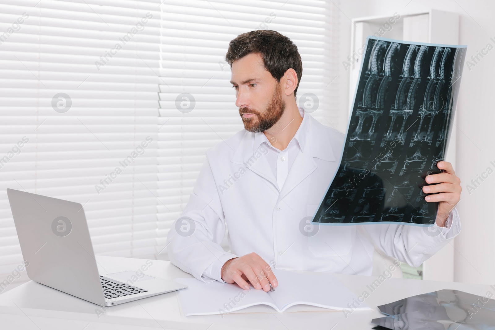 Photo of Doctor examining neck MRI scan in hospital