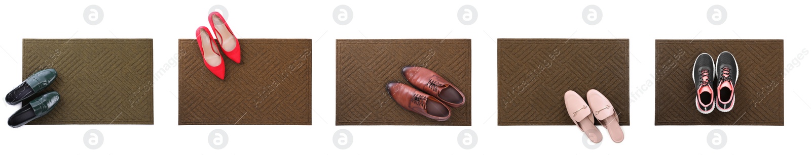 Image of Set with door mats and different shoes on white background, top view. Banner design