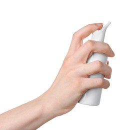 Photo of Woman holding nasal spray on white background, closeup