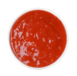 Photo of Delicious rowan jam in bowl on white background, top view