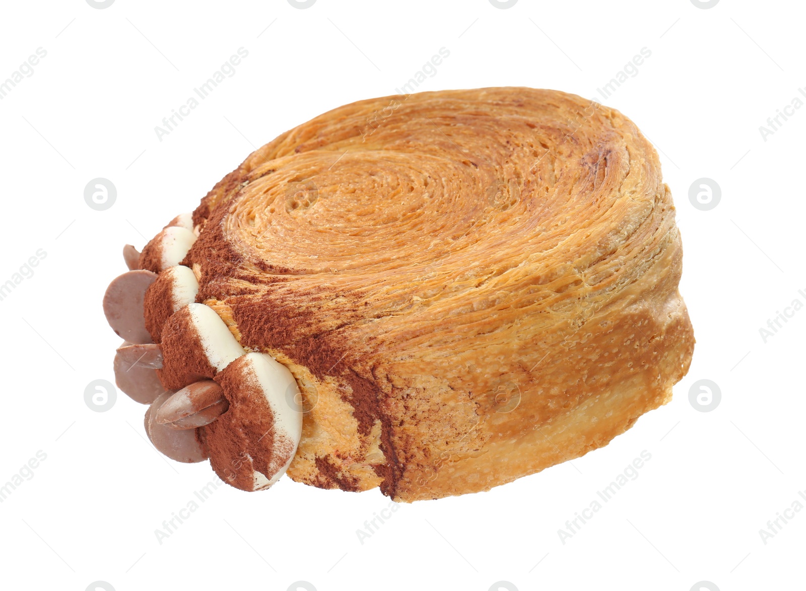 Photo of One supreme croissant with chocolate chips and cream on white background. Tasty puff pastry