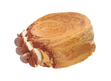 Photo of One supreme croissant with chocolate chips and cream on white background. Tasty puff pastry
