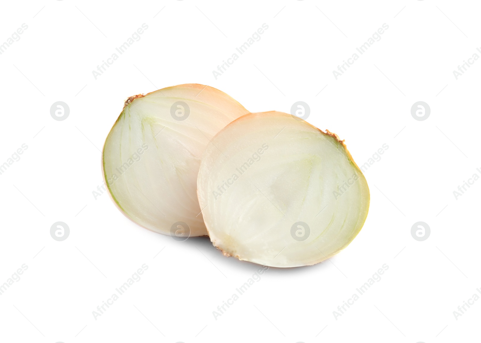 Photo of Halves of fresh ripe onion on white background