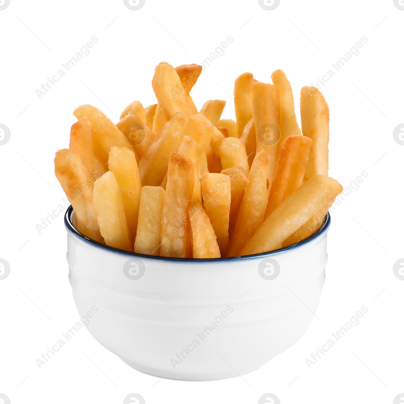 Photo of Bowl of delicious french fries on white background