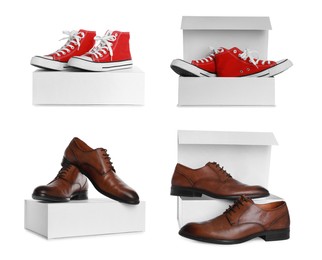 Image of Set with stylish shoes and cardboard boxes on white background 