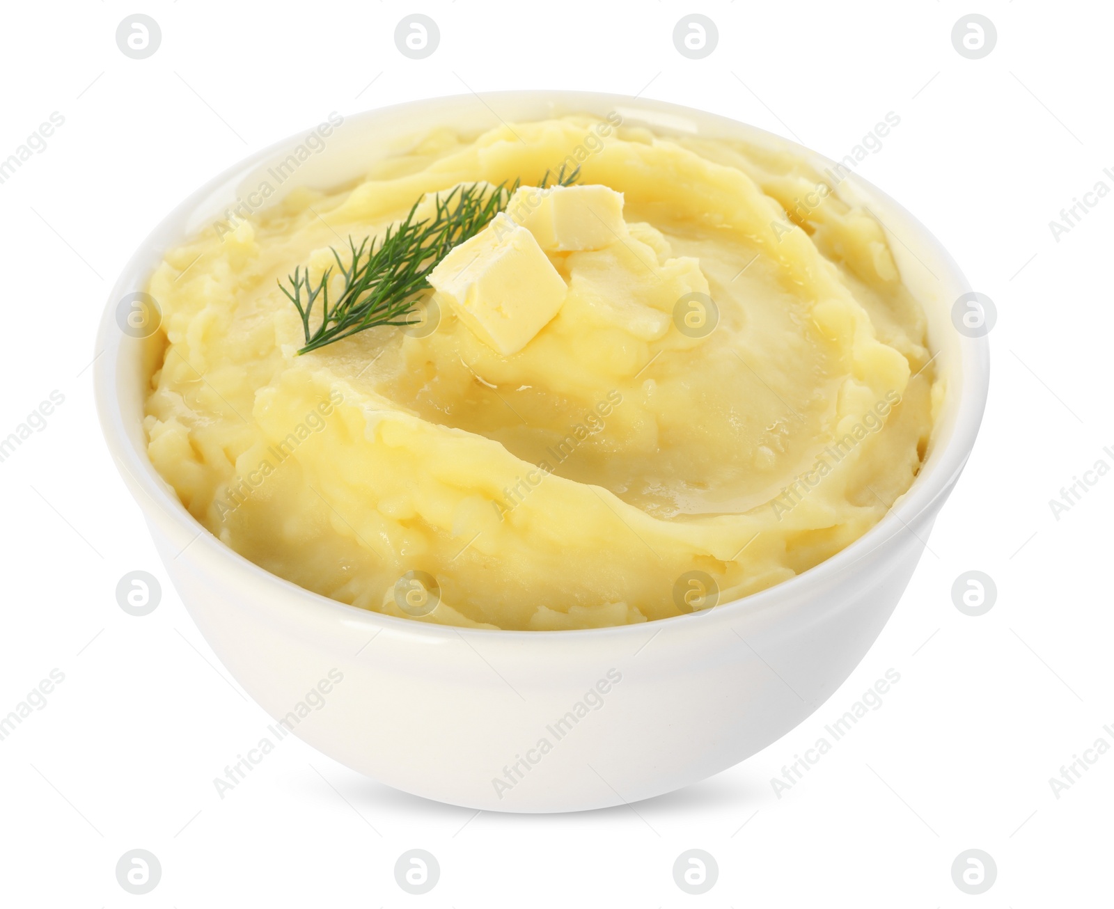 Photo of Bowl of delicious mashed potato with dill and butter isolated on white