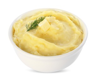 Photo of Bowl of delicious mashed potato with dill and butter isolated on white