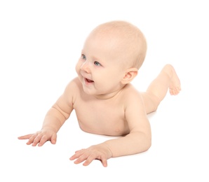 Photo of Cute little baby on white background. Tummy and crawling time