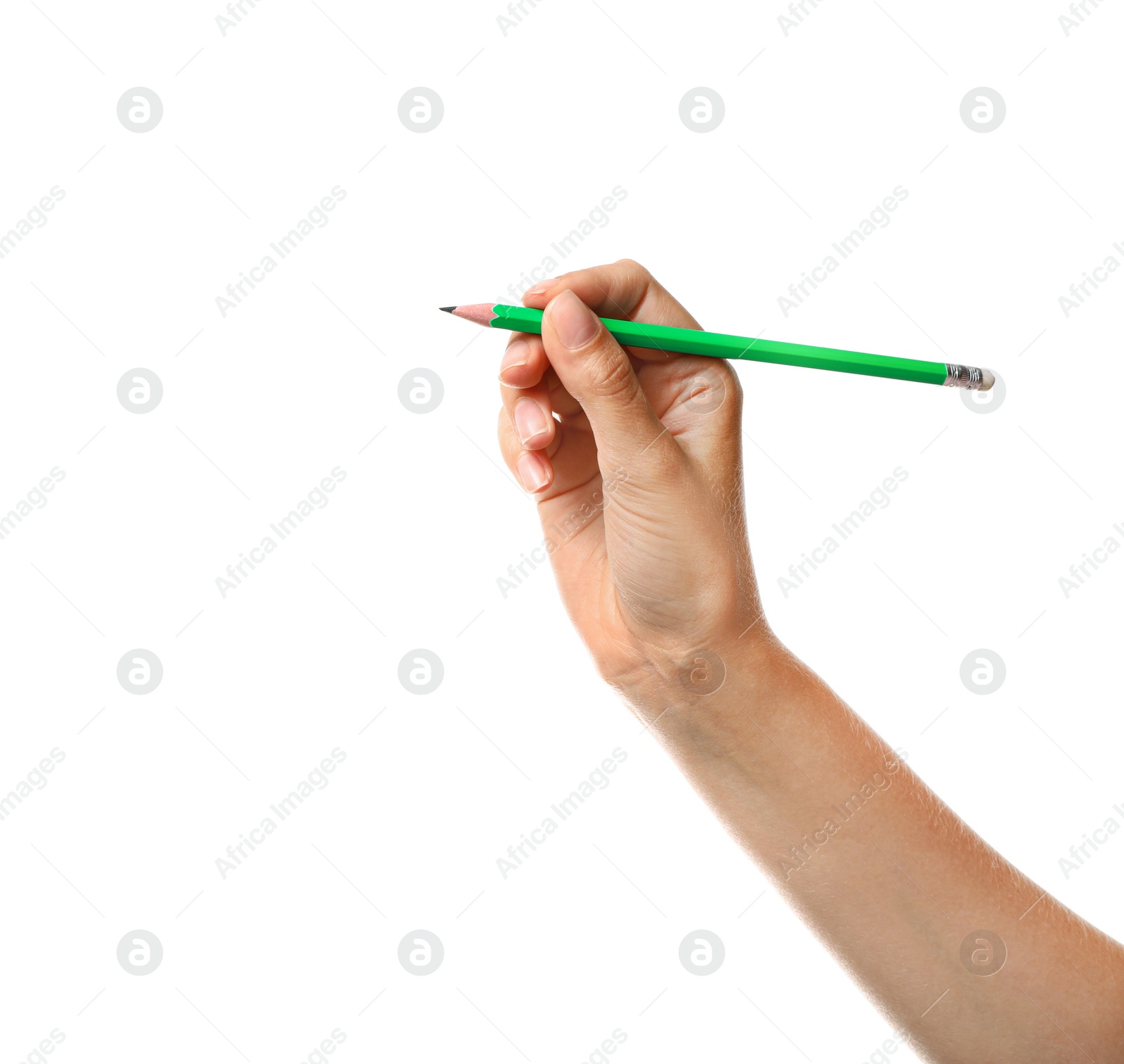 Photo of Young woman holding pencil on white background, closeup