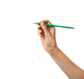 Photo of Young woman holding pencil on white background, closeup