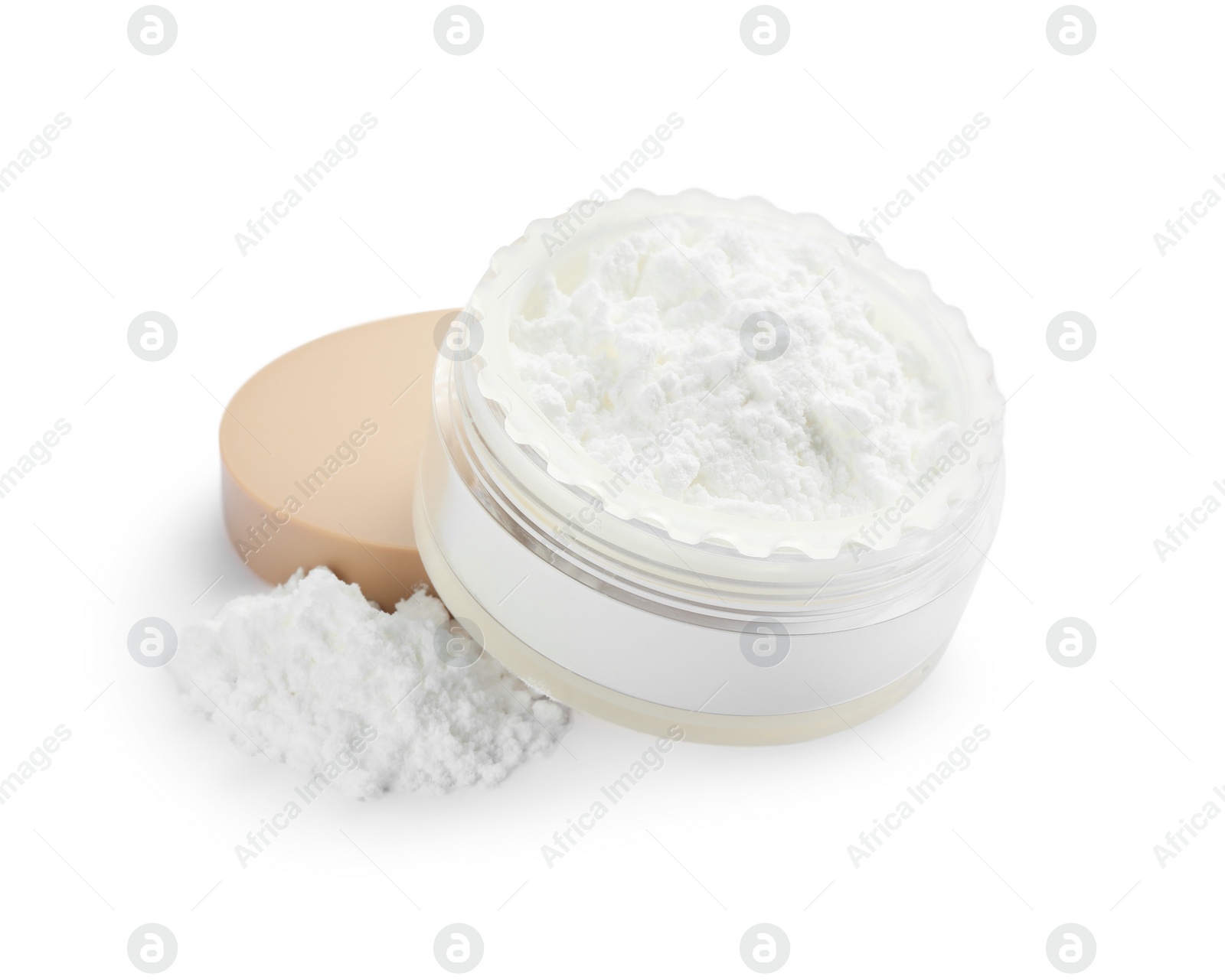 Photo of Rice face powder isolated on white. Natural cosmetic