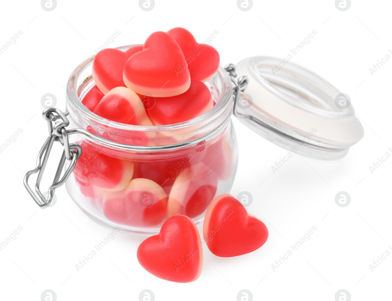 Photo of Jar and sweet heart shaped jelly candies on white background