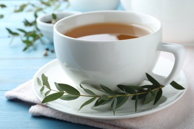 Photo of Cup of aromatic eucalyptus tea on light blue wooden table, closeup