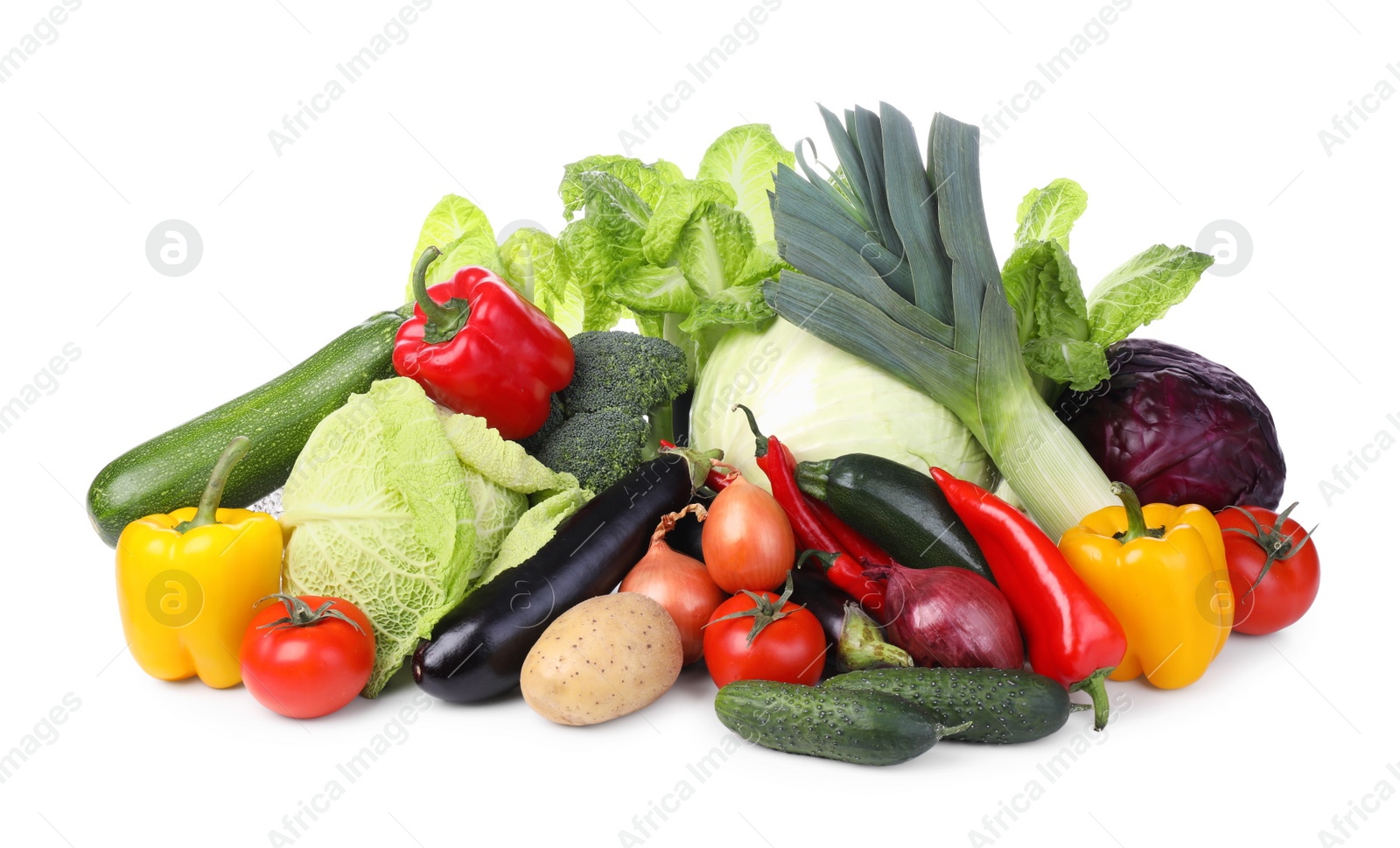 Photo of Heap of fresh ripe vegetables on white background