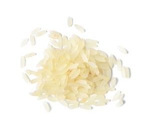 Photo of Uncooked parboiled rice on white background, top view