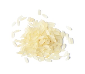 Uncooked parboiled rice on white background, top view