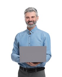 Mature businessman in stylish clothes with laptop on white background