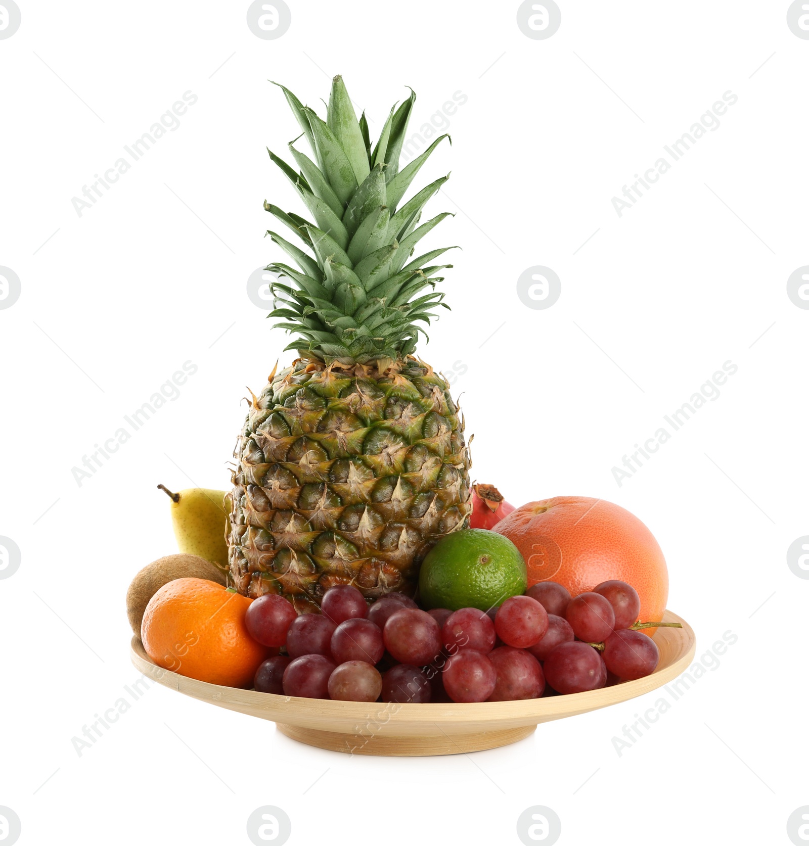 Photo of Plate with fresh ripe fruits on white background