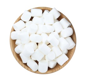 Photo of Delicious puffy marshmallows in wooden bowl on white background, top view