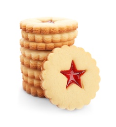 Photo of Traditional Christmas Linzer cookies with sweet jam on white background