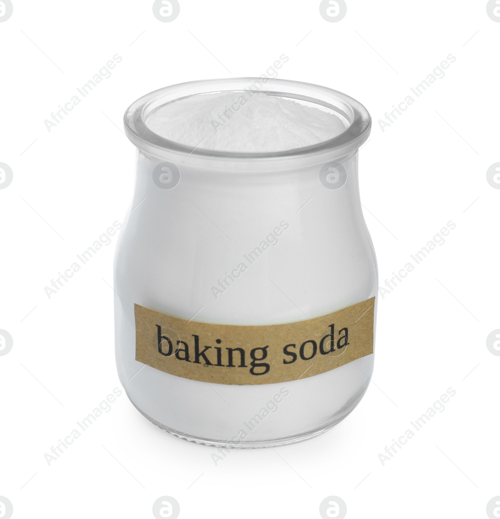 Photo of Jar of baking soda isolated on white