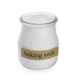 Photo of Jar of baking soda isolated on white