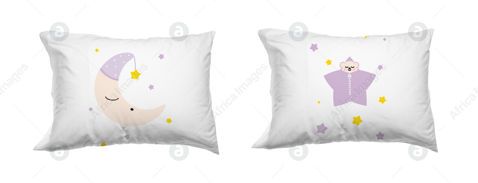 Image of Soft pillows with cute prints isolated on white