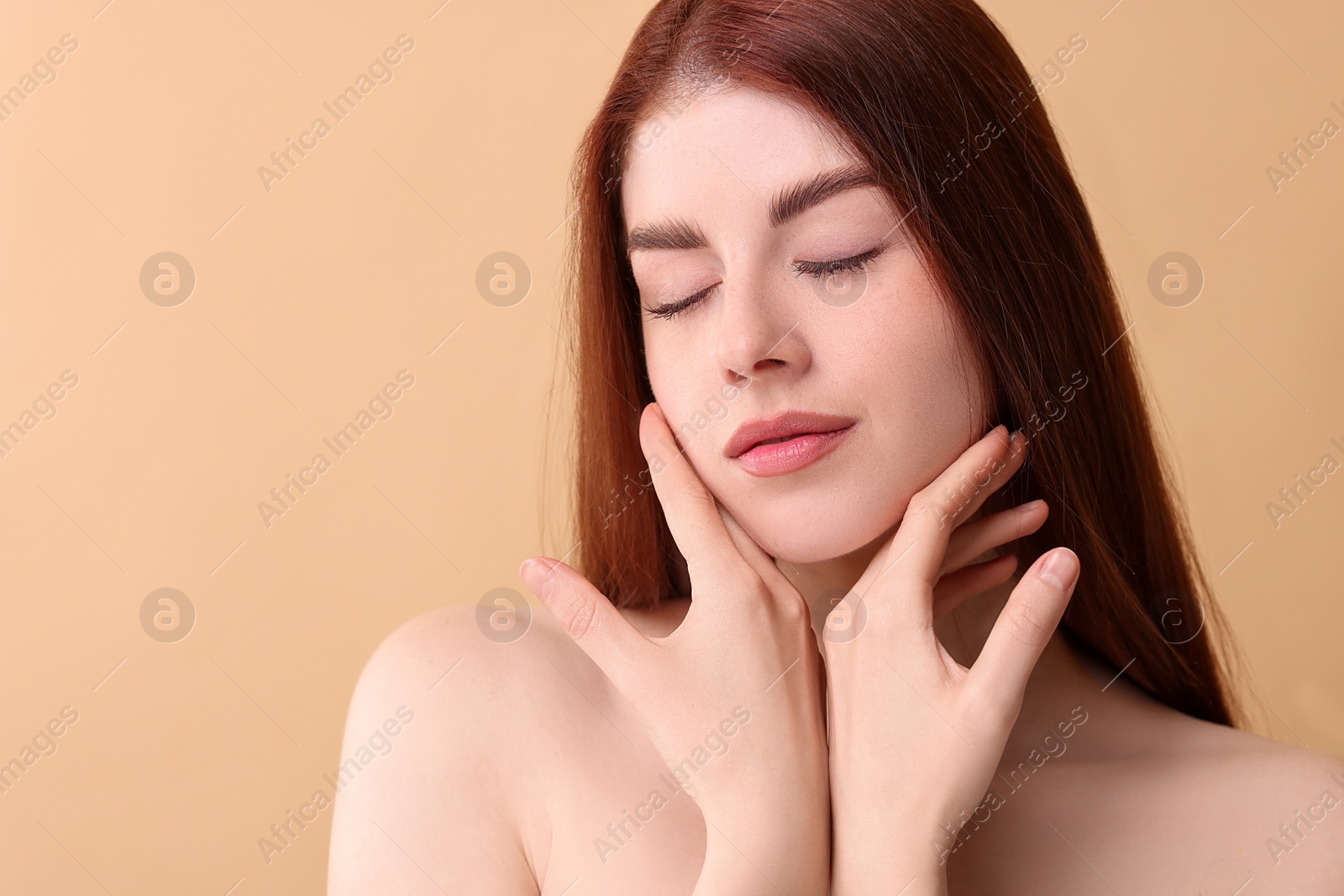 Photo of Portrait of beautiful woman on beige background. Space for text