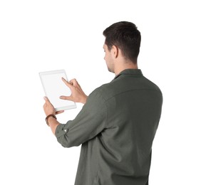 Photo of Man using tablet with blank screen on white background. Mockup for design