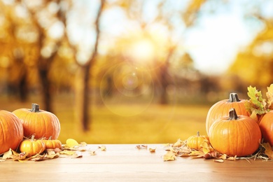 Image of Happy Thanksgiving day. Fresh pumpkins, acorns and fallen leaves on wooden table outdoors, space for text 