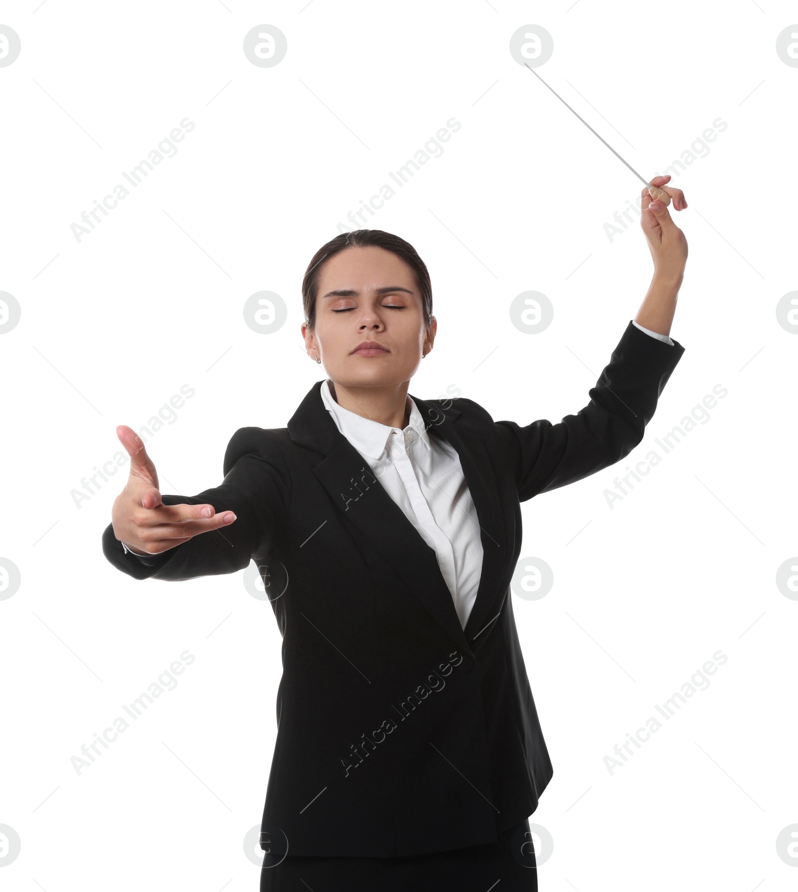 Photo of Professional young conductor with baton on white background