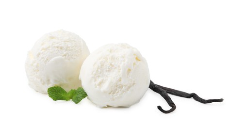 Photo of Delicious ice cream with mint and vanilla pods isolated on white