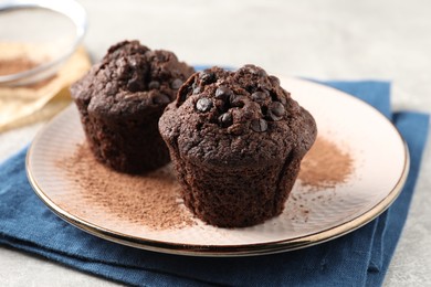 Delicious chocolate muffins and cacao powder on light grey table, closeup