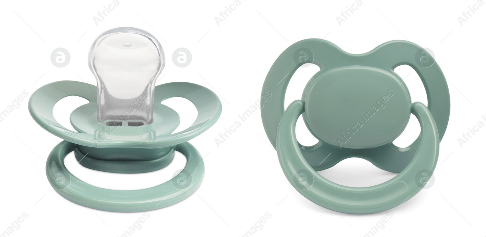 Image of Pale green baby pacifier on white background, views from different sides