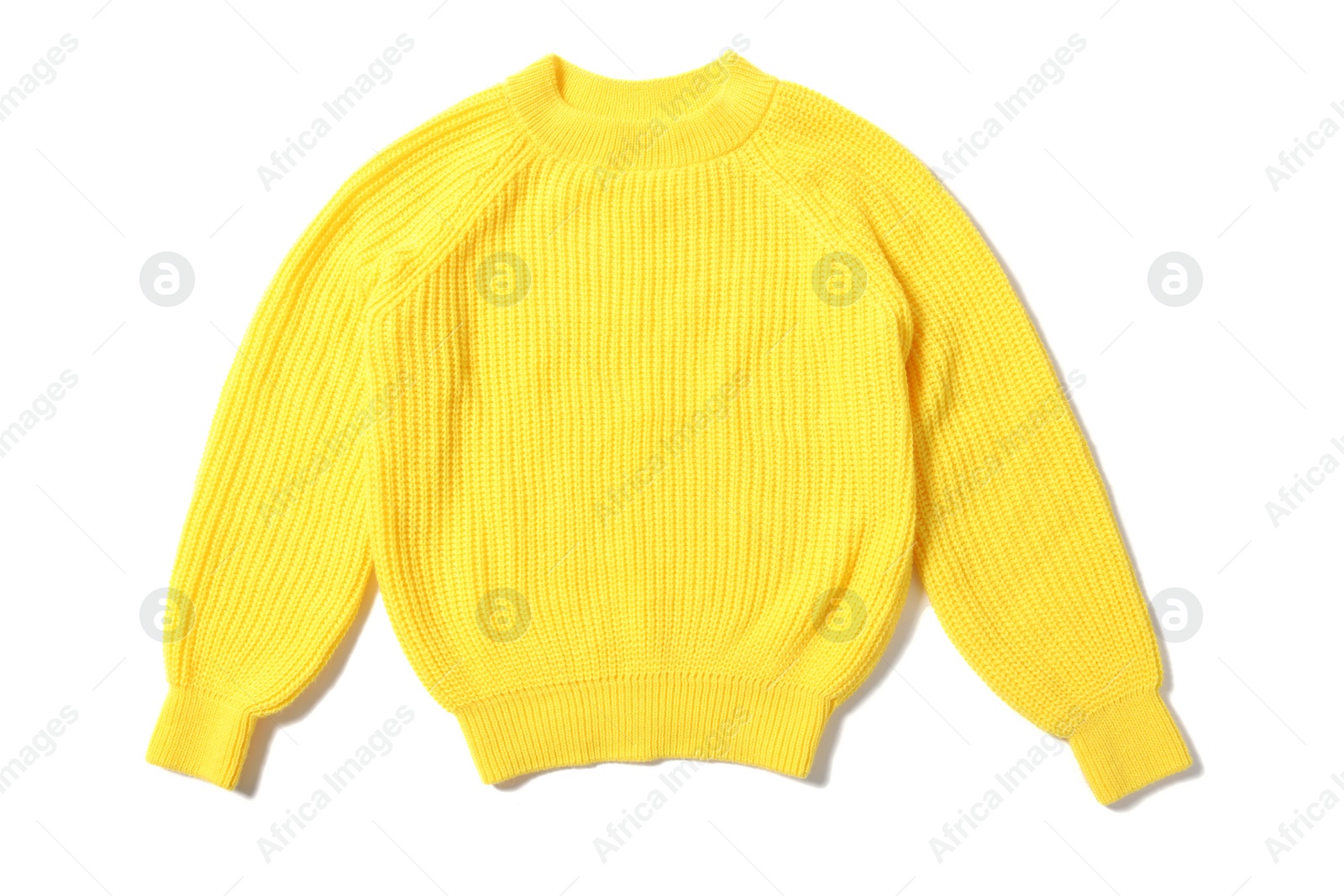 Photo of Stylish yellow knitted sweater isolated on white, top view