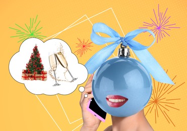 Image of New Year collage on color background. Woman with Christmas ornament instead of head talking about festive party. Glasses of sparkling wine and decorated tree in speech bubble. Idea for invitation card