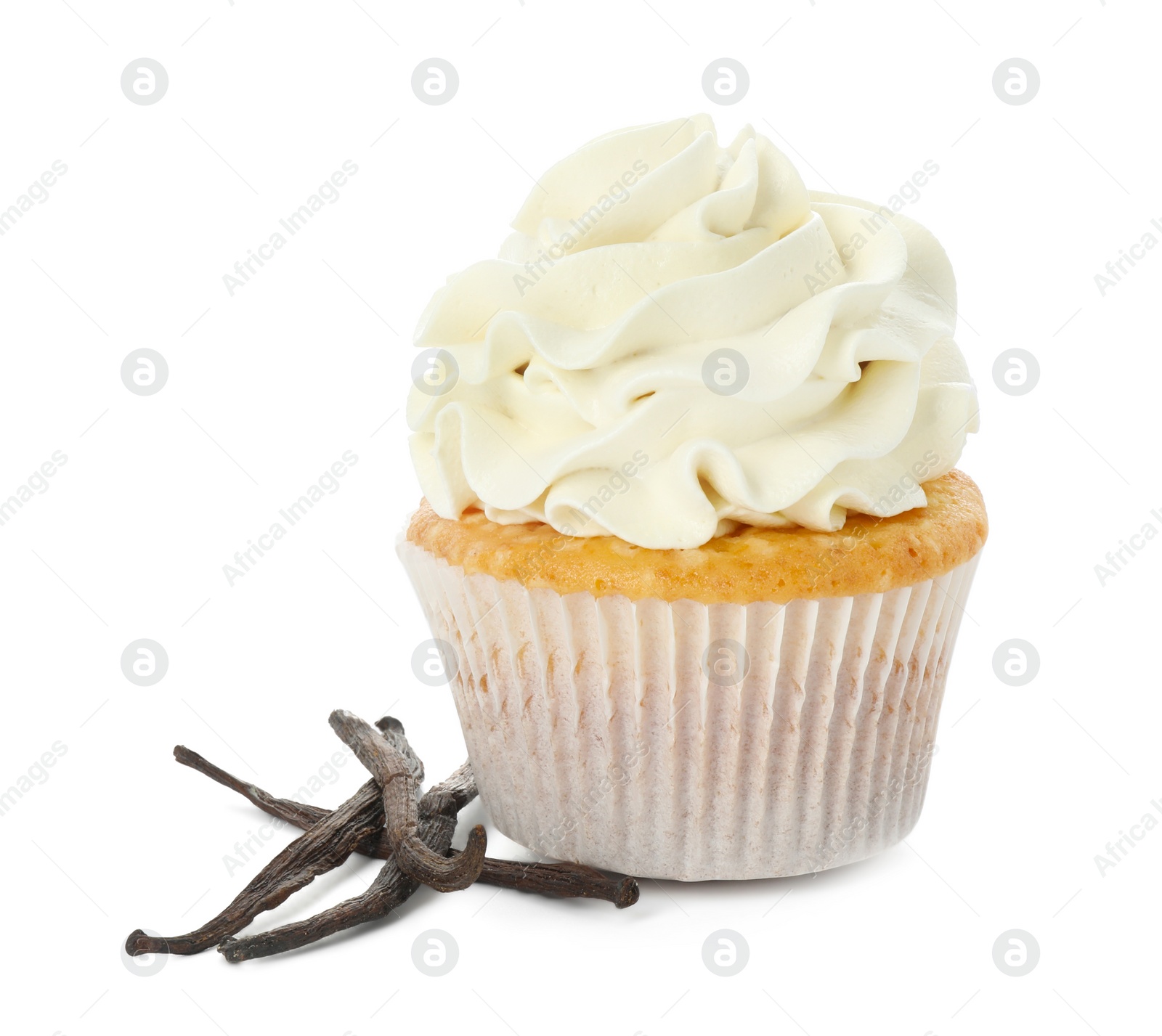 Photo of Tasty cupcake with cream and vanilla pods isolated on white