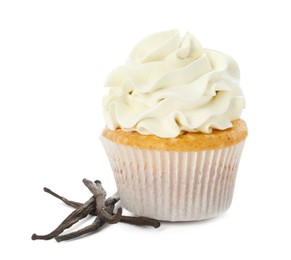 Photo of Tasty cupcake with cream and vanilla pods isolated on white