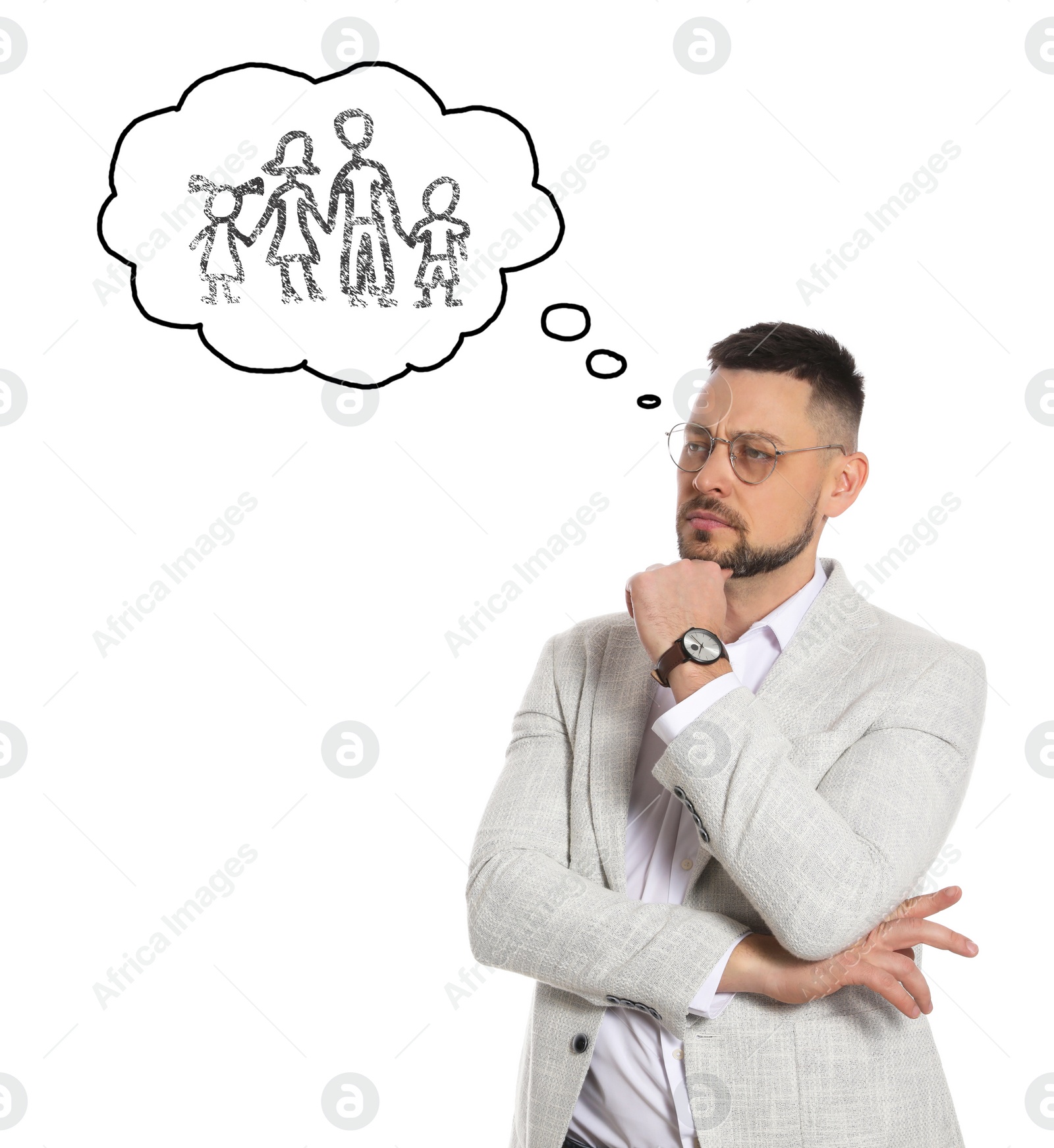 Image of Businessman dreaming about family on white background. Concept of balance between life and work