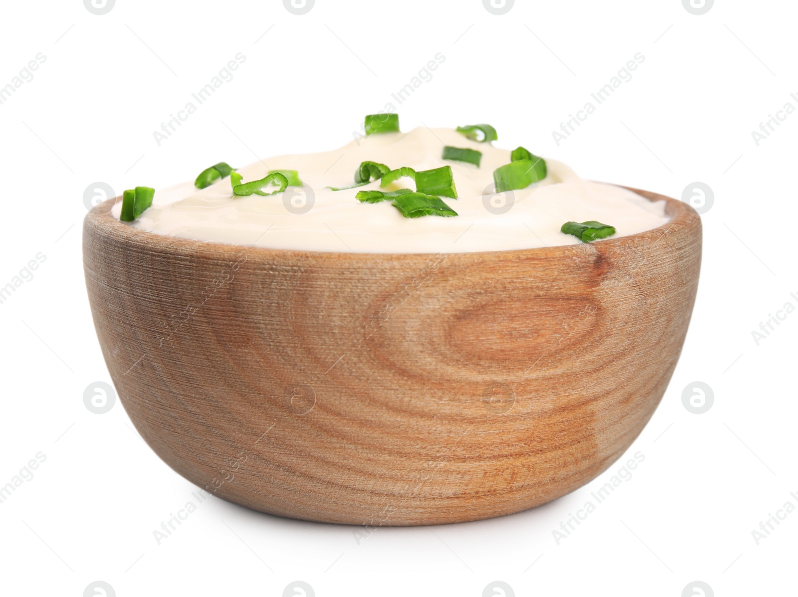 Photo of Fresh sour cream with onion on white background