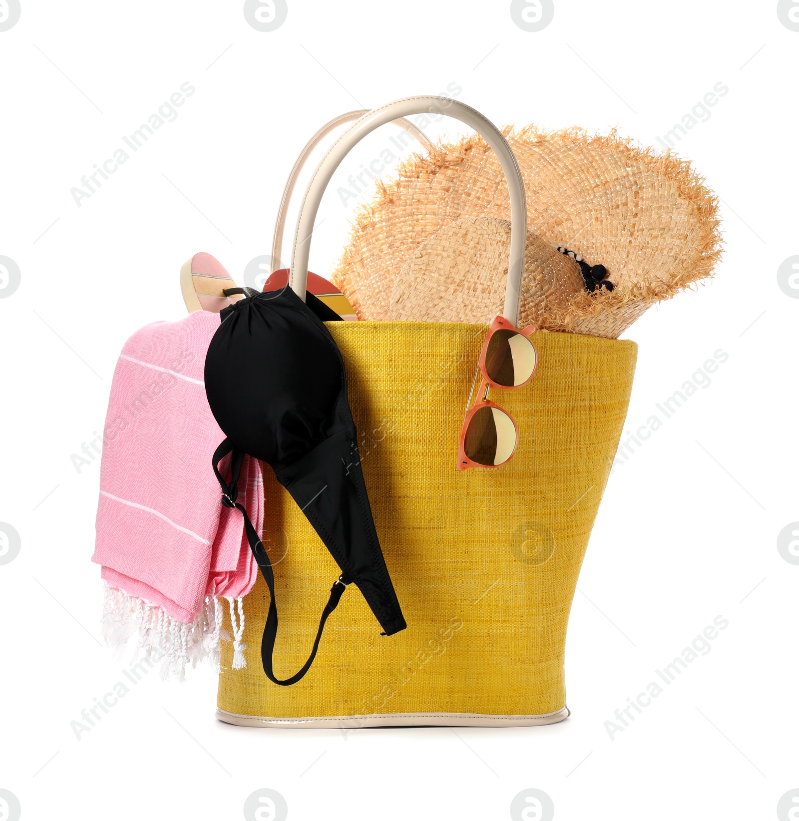 Photo of Different stylish beach accessories on white background