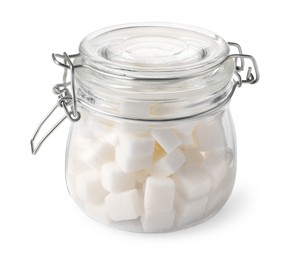 Photo of Glass jar of refined sugar cubes isolated on white