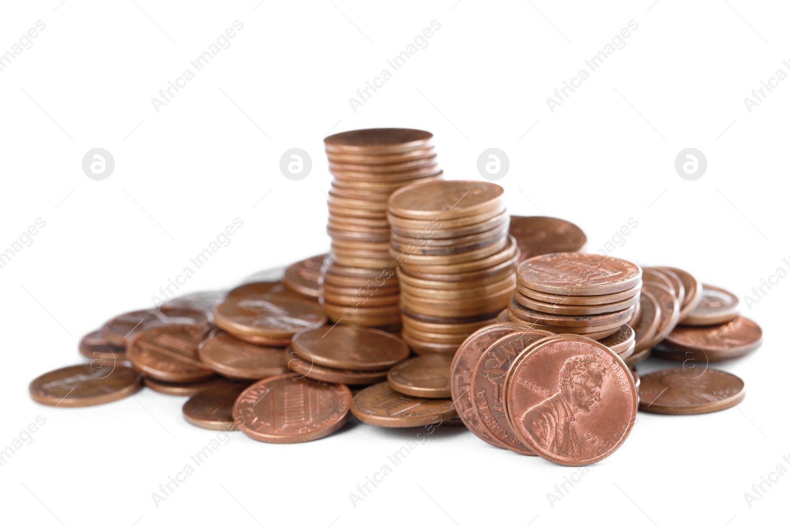 Photo of Many different American coins on white background