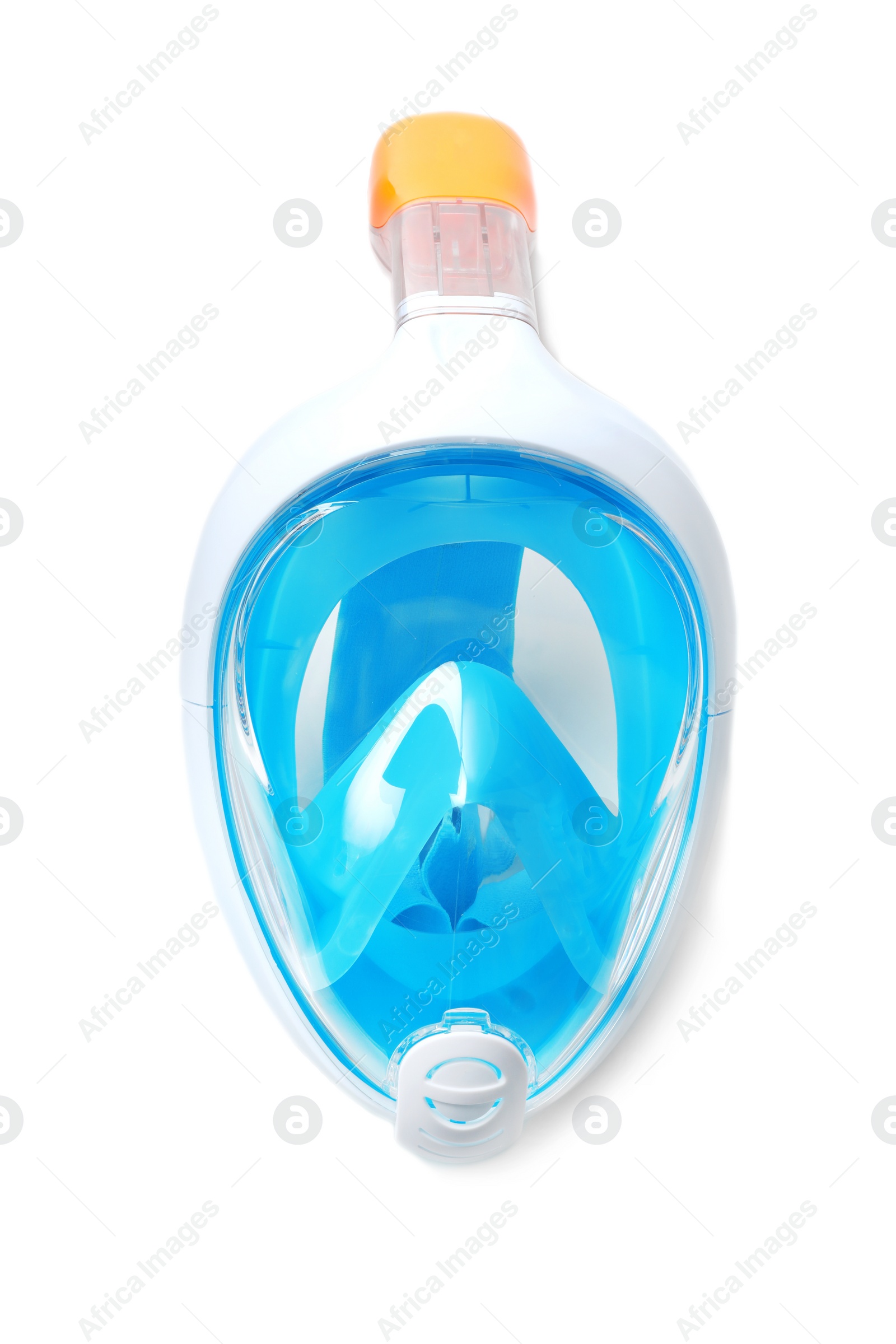 Photo of Blue diving mask on white background, top view