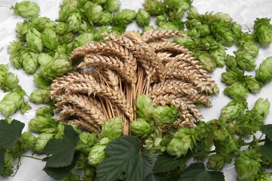 Photo of Fresh green hops and ears of wheat on light grey marble table, above view